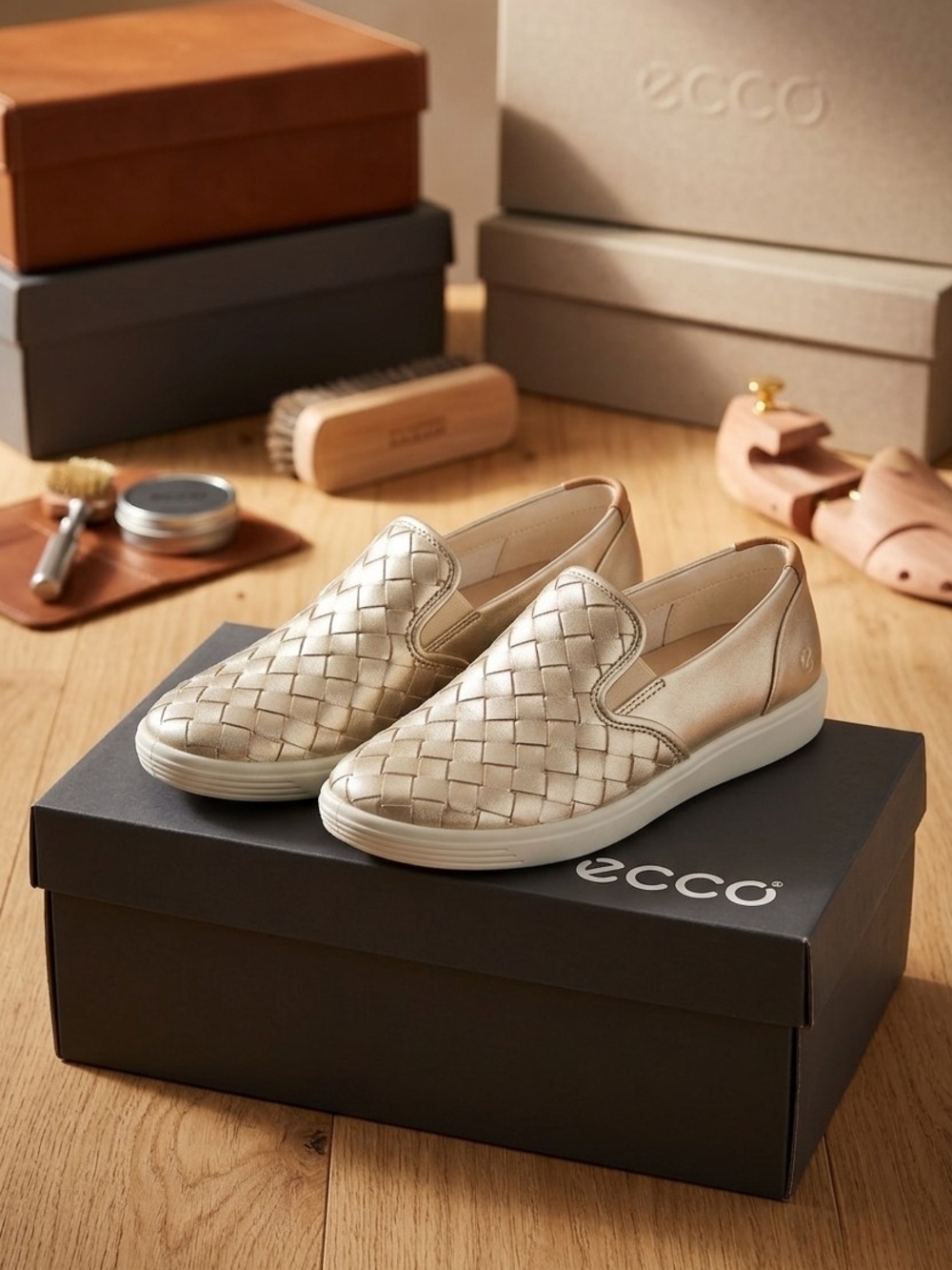 ECCO Woven Slip-On Sneakers in Metallic Champagne